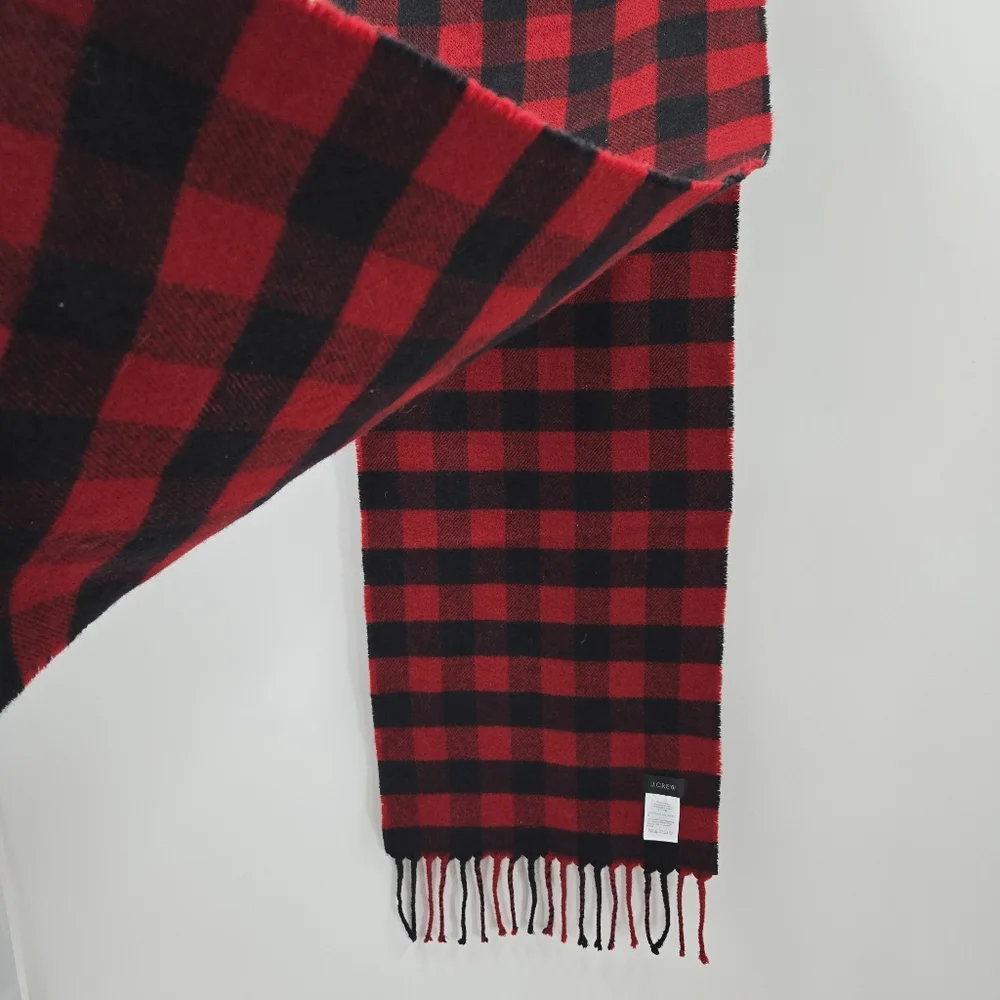 J.Crew Scarf Wool‎ Black Red Buffalo Plaid Rectangle Fringe